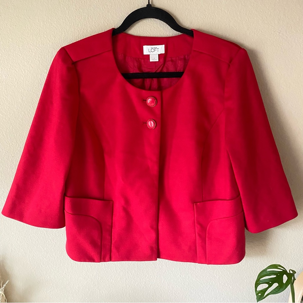 Ann Taylor LOFT Red Crop Blazer Suit Jacket Business Buttons